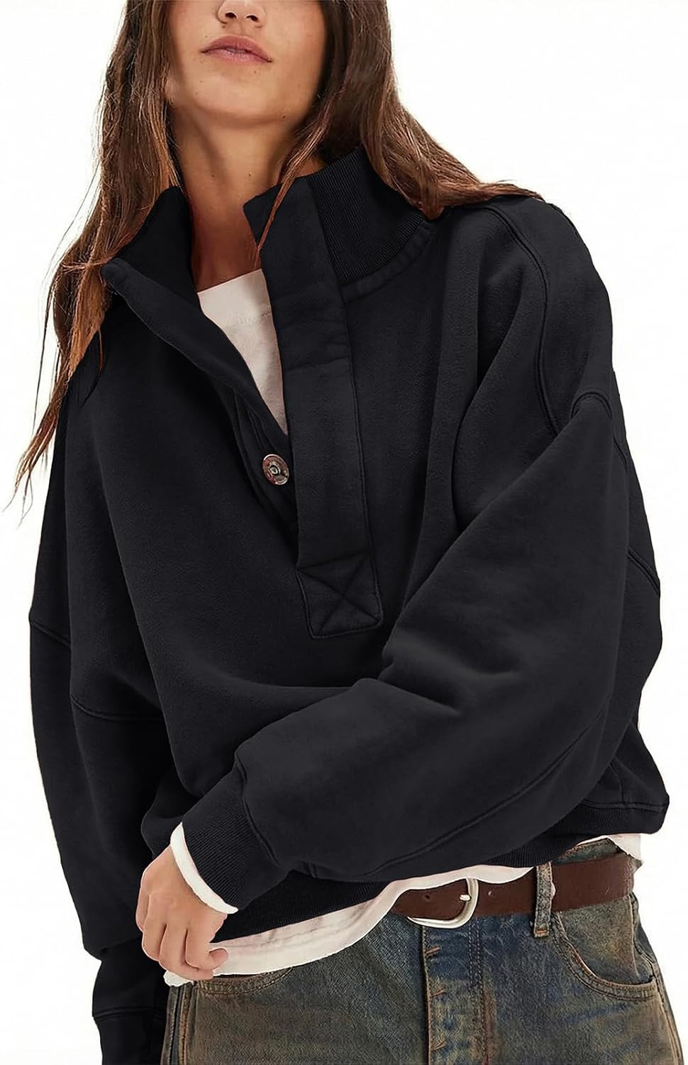 Gnveub Sweatshirt for Women Oversized Henley Neck Long Sleeve Button Pullover Tops Trendy Outfits Clothes | Amazon (US)