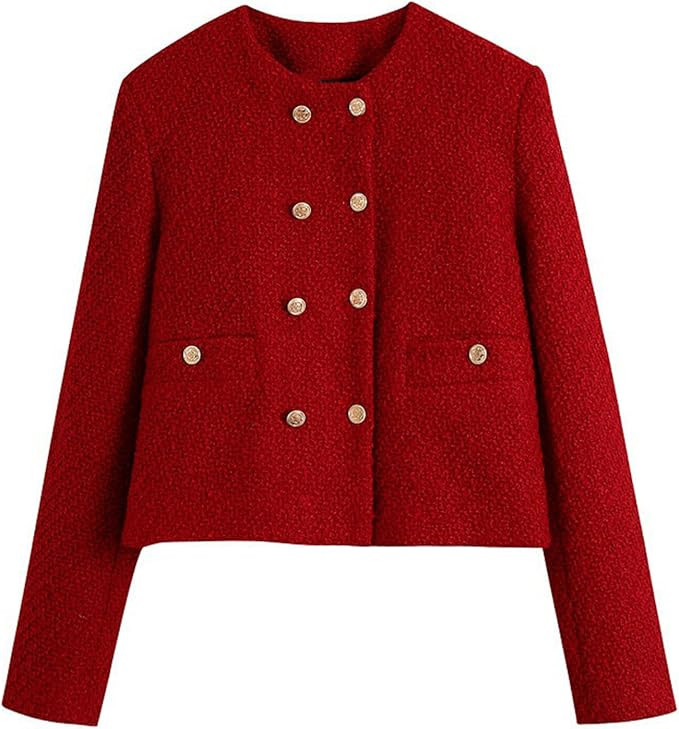 Casual Tweed Blazer Jacket for Women Cropped Open Front Button Down Collarless Coat Office Work B... | Amazon (US)