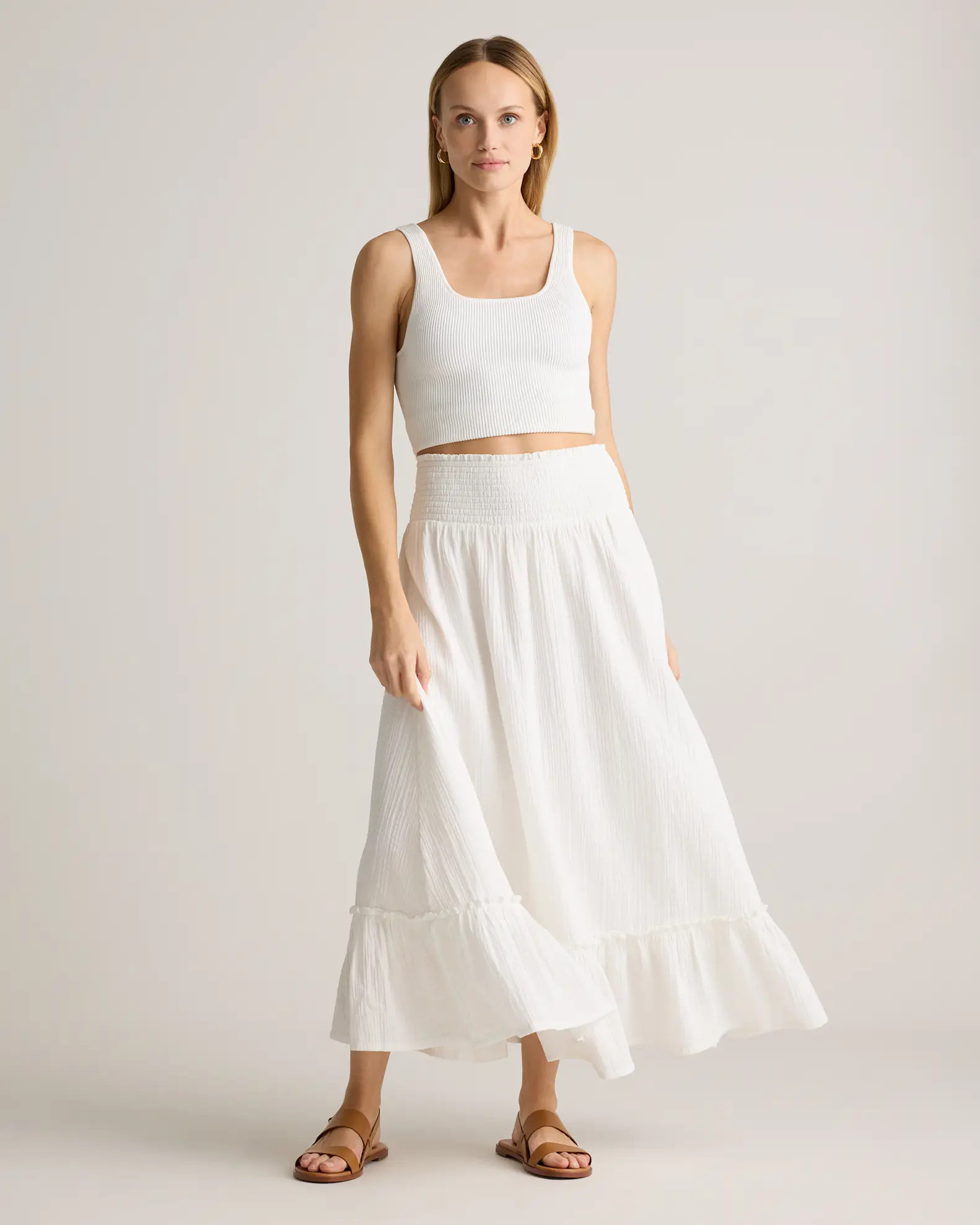 100% Organic Cotton Gauze Smocked Maxi Skirt in White | Quince