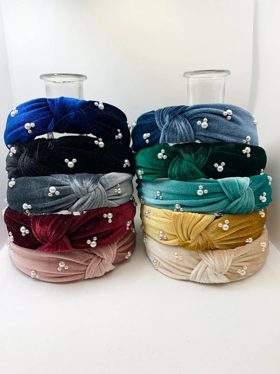 Velvet Top Knot Headband With Mickey Mouse Head Pearls - Etsy | Etsy (US)