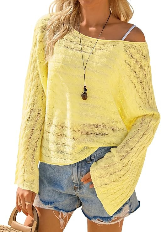 Saodimallsu Womens Crochet Beach Cover Ups Summer Off The Shoulder Long Sleeve Crop Boho Sheer Bo... | Amazon (US)