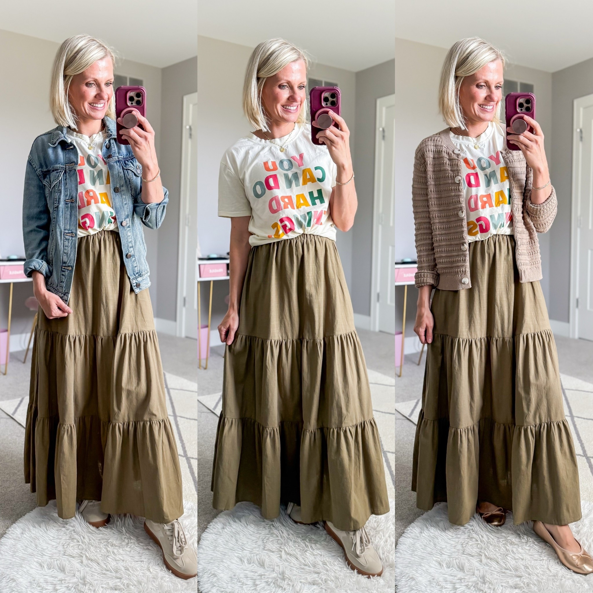 Teacher outfit ideas with a green maxi skirt and a graphic t-shirt. Skirt- small || T-shirt- small || denim jacket- xsmall || cardigan- smalll

#LTKPetite #LTKWorkwear #LTKStyleTip