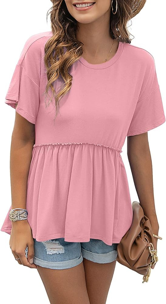 TASAMO Women's Loose Ruffle Hem Short Sleeve High Low Peplum Blouse Top | Amazon (US)