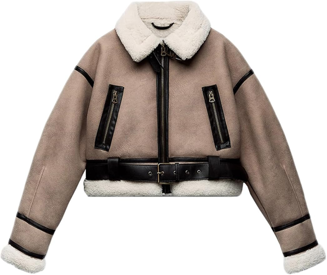 LY VAREY LIN Women's Faux Shearing Fur Bomber Jacket Cropped Aviator Leather Coat Outerwear | Amazon (US)