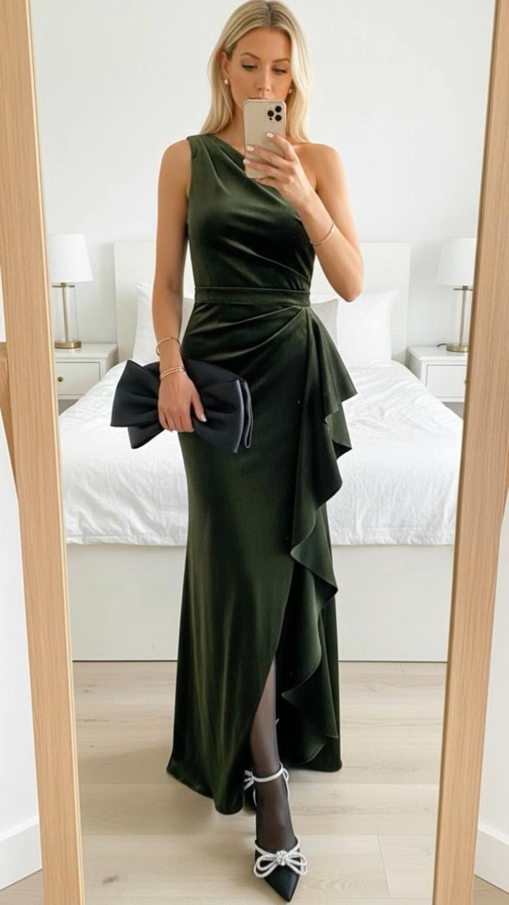 How beautiful is this building green dress for holidays New York New Year’s Eve parties or just a wedding guest dress look absolutely stunning very flattering for anyone super beautiful. I love the rough detail to it. Gives it a great gather to the side. This would be fun for every party.

#LTKTravel #LTKHoliday #LTKWedding