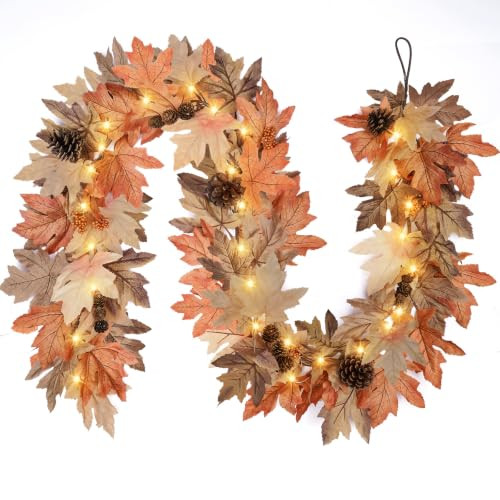 9 Ft Fall Garland with Lights & Timer, Thanksgiving Fireplace Mantel Decor | Amazon (US)