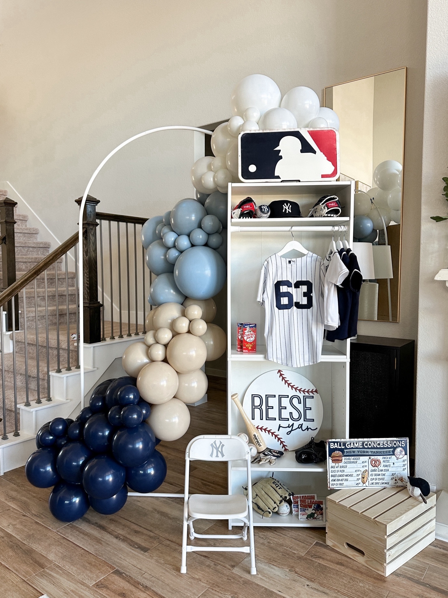 Used the shelf and tension rod to create a DIY “locker” for my son’s 4th birthday. Make sure the tension rod can go smaller than 24” or remove the rubber ends on the one I linked like I did.

These are double stuffed balloons so you will need an electric air pump. They’re small and cheap on Amazon. For the 5” balloons you MUST have a hand pump. These WILL NOT BLOW UP WITHOUT ONE. Use the clear long balloons to tie balloons together and for the 5” clusters.

Baseball party ideas, unique baseball party, boys birthday party ideas, Yankees birthday party, toddler birthday, boys rooms, toddler boys room

#LTKkids #LTKparties #LTKbaby