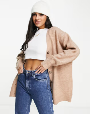 ASOS DESIGN oversized cardigan with button through in camel | ASOS (Global)