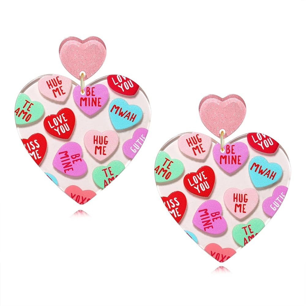Heart Earrings Valentine's Day Earrings Acrylic Love Message Pink Heart Arch Dangle Earrings Vale... | Amazon (US)