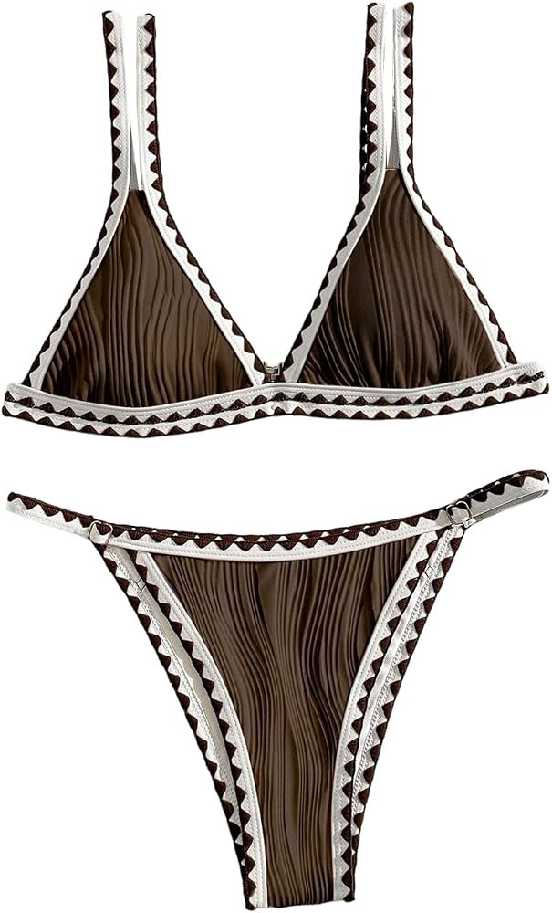 Verdusa Women's 2 Piece Bikini Sets Contrast Trim Triangle Thong Swimsuit Vacation Outfits | Amazon (US)