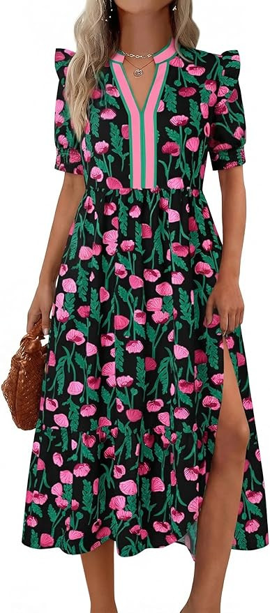 Wenrine Womens Summer Midi Dress Casual Floral Puff Short Sleeve V Neck Swing Flowy Boho Beach Dr... | Amazon (US)