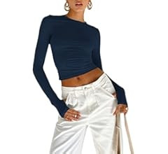 Women Sexy Long Sleeve T Shirt Crew Neck Slim Fitted Crop Top Causal Solid Y2k Pullover Blouse To... | Amazon (US)