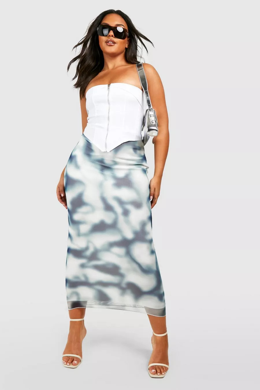 Plus Mesh Marble Print Midi Skirt | Boohoo.com (US & CA)