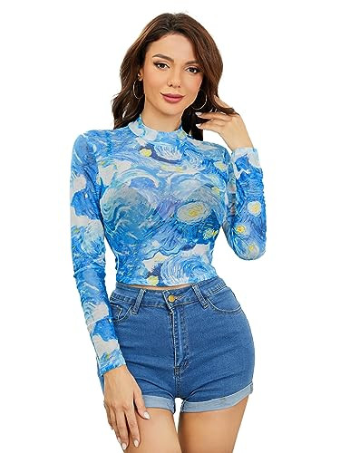 SweatyRocks Women's Long Sleeve Painting Print Slim Fit See Through Sheer Mesh Top Blue XL | Amazon (US)