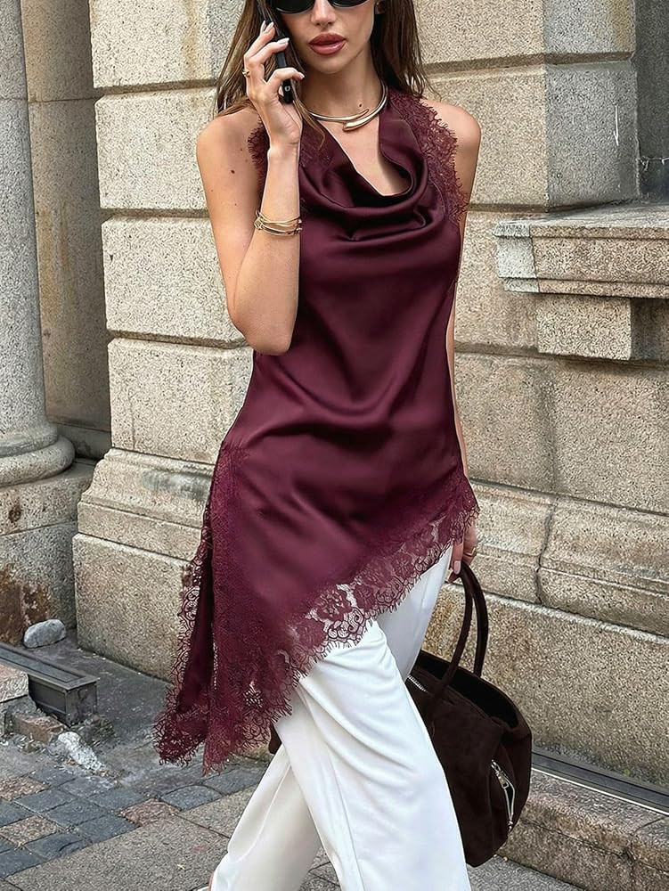 Verdusa Women's Lace Asymmetrical Halter Tops Satin Flowy Cowl Neck High Low Top Going Out Outfit... | Amazon (US)