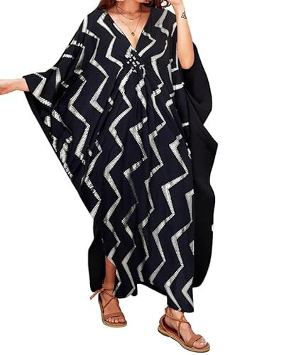 Bsubseach V Neck Beach Coverups for Women Batwing Sleeve Solid Beach Kaftan Dress Black | Amazon (UK)