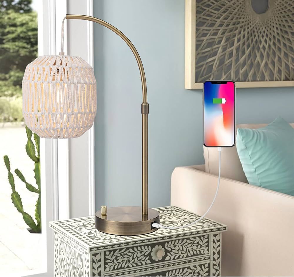 Sainsbarry Gold Industrial Table Lamp for Bedroom with USB Charge Port, Boho Bedside Desk Lamp Ra... | Amazon (US)