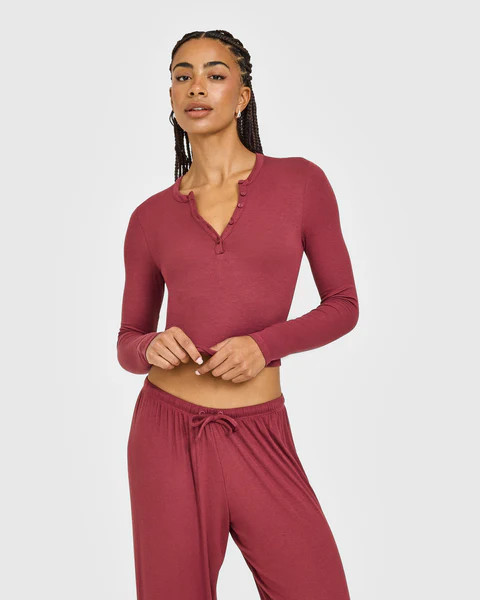 At Home Night Button Down Long Sleeve Top 
 Burnt Maroon Red | Oner Active (UK / US)