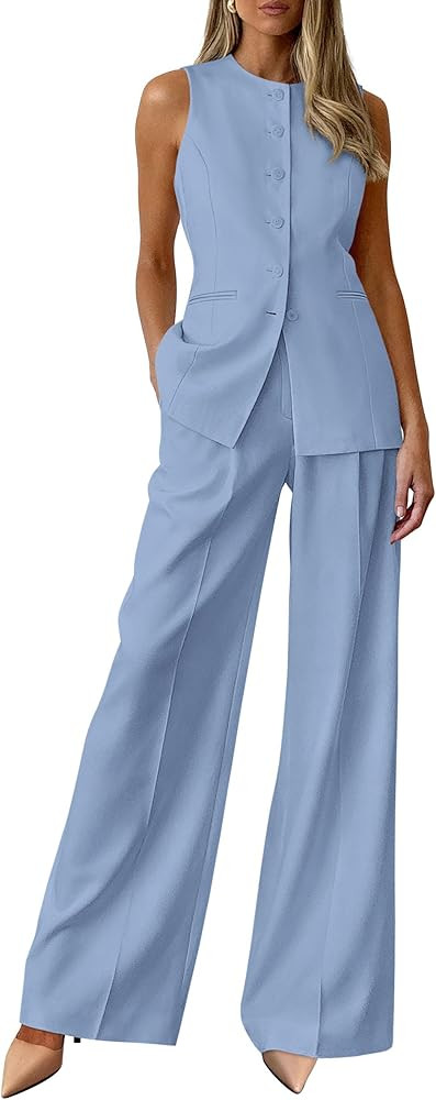 PRETTYGARDEN Women's 2 Piece Sets Summer 2026 Work Clothes Sleeveless Blazer Vest Pants Suits Spr... | Amazon (US)
