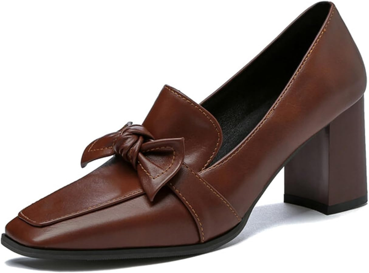 Block Heel Pumps for Women Closed Square Toe Slip On Heeled Loafers with Bow Knot Matte Leather C... | Amazon (US)