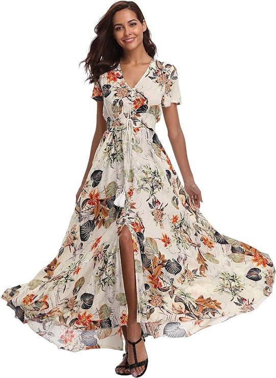 VintageClothing Women's Floral Maxi Dresses Boho Button Up Split Beach Party Dress | Amazon (US)