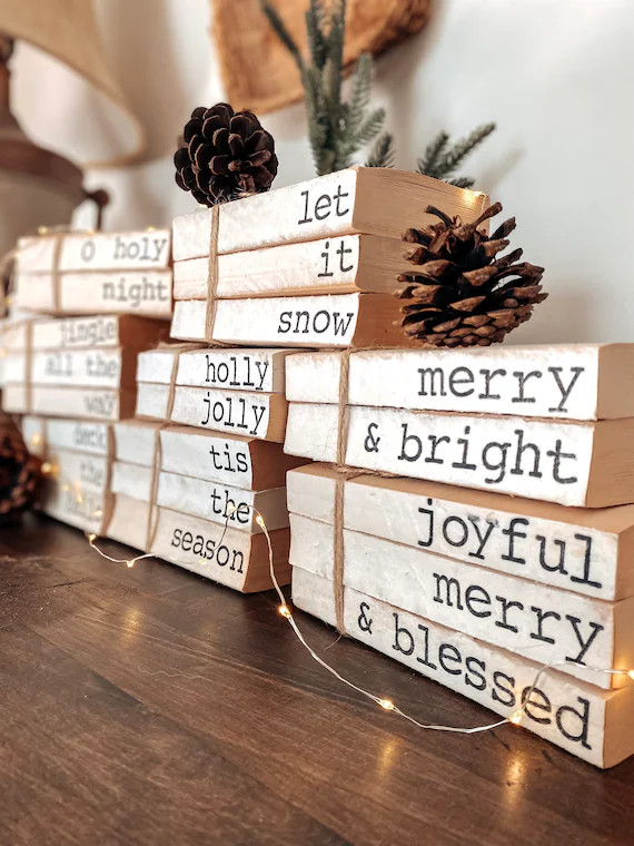 Christmas Book Decor  Stamped Books  Stacked Books Decor  - Etsy | Etsy (US)