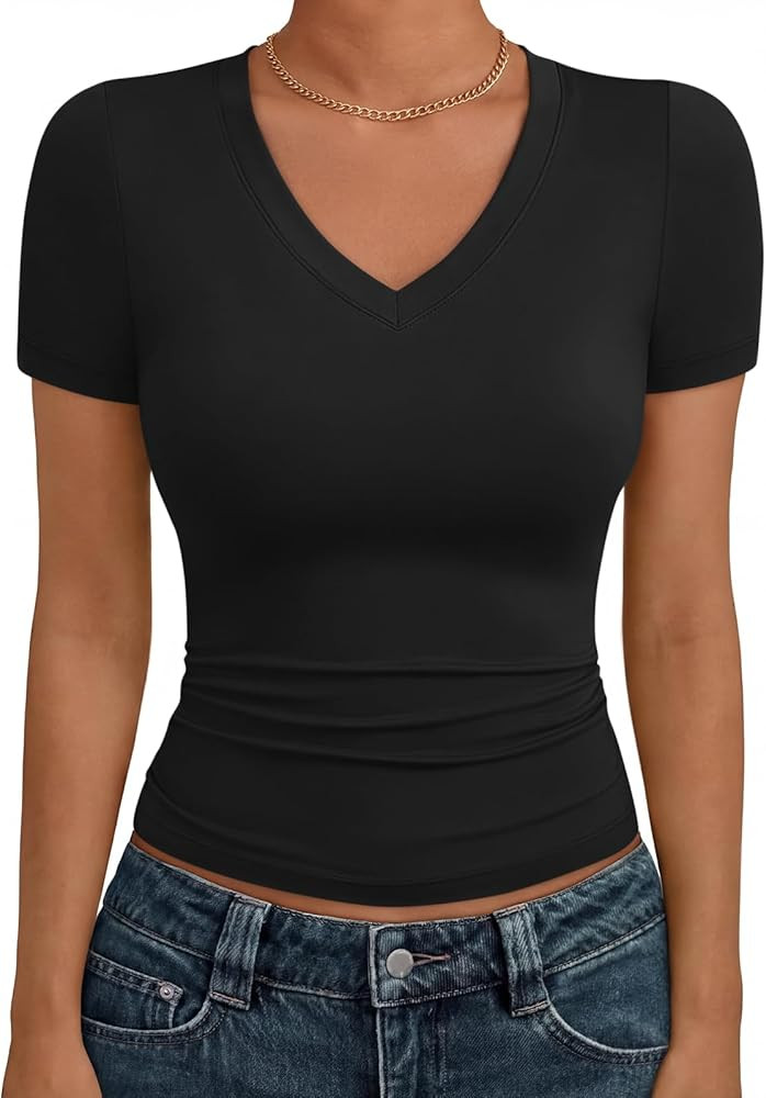Trendy Queen Womens Basic V Neck Short Sleeve Spring T Shirts Slim Fit Crop Y2k Tee 2026 Summer G... | Amazon (US)