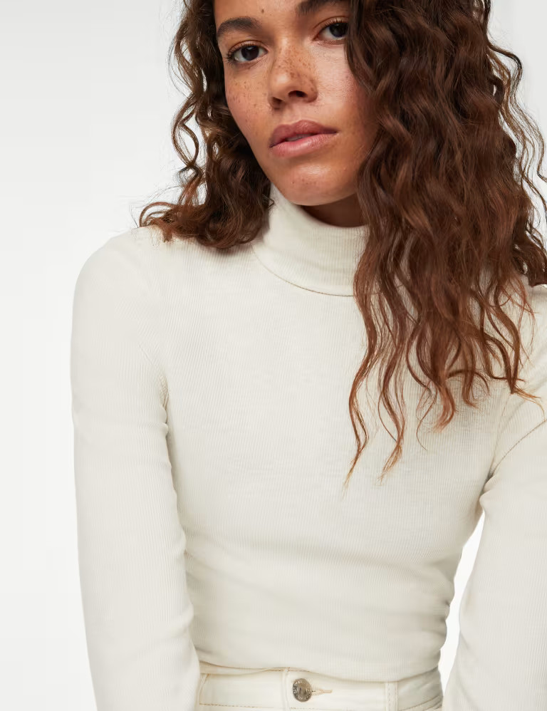 Cotton Blend Roll Neck Ribbed Top | Marks & Spencer (UK)