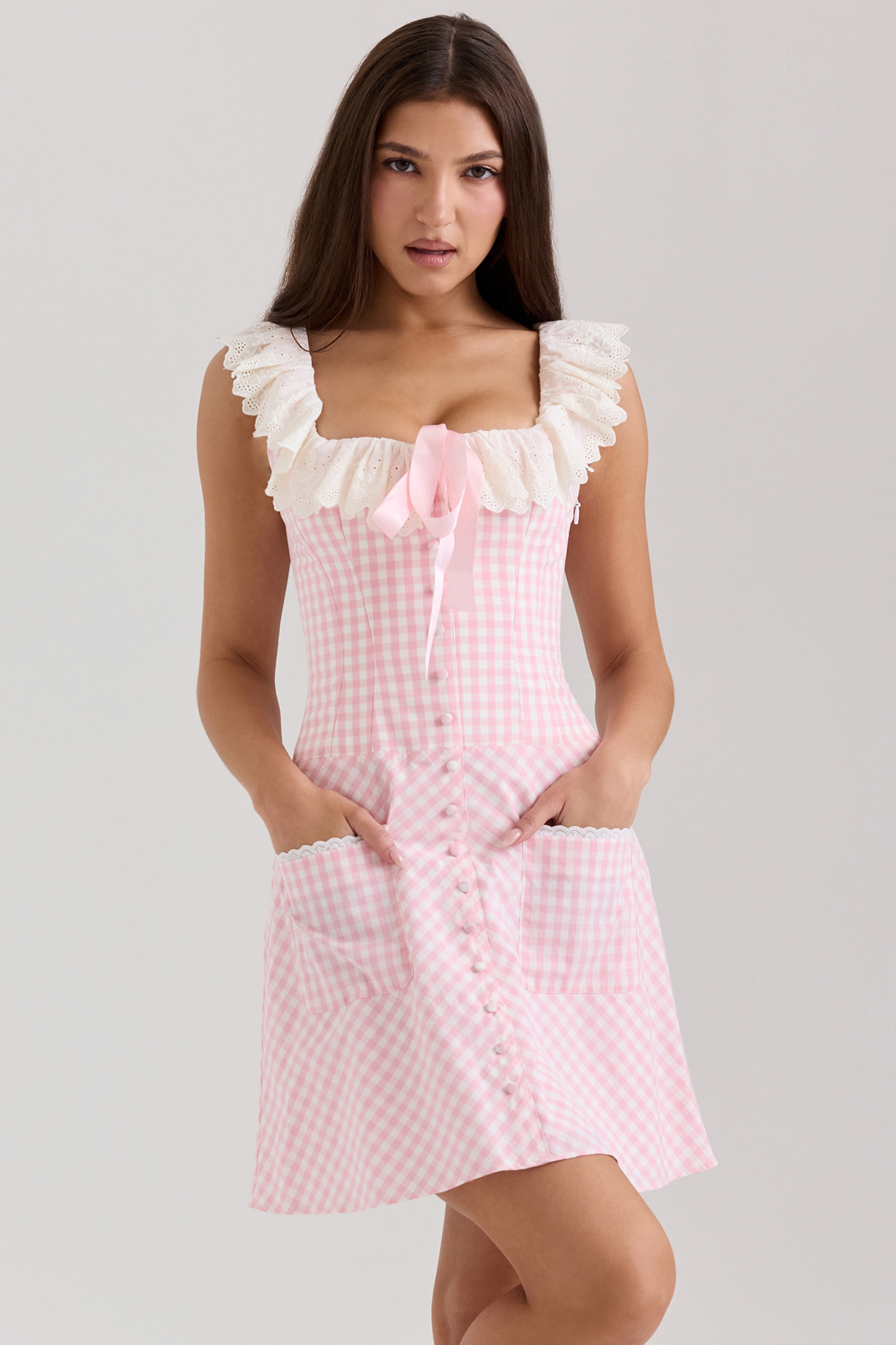 pink gingham cotton ruffle neck mini dress | House of CB