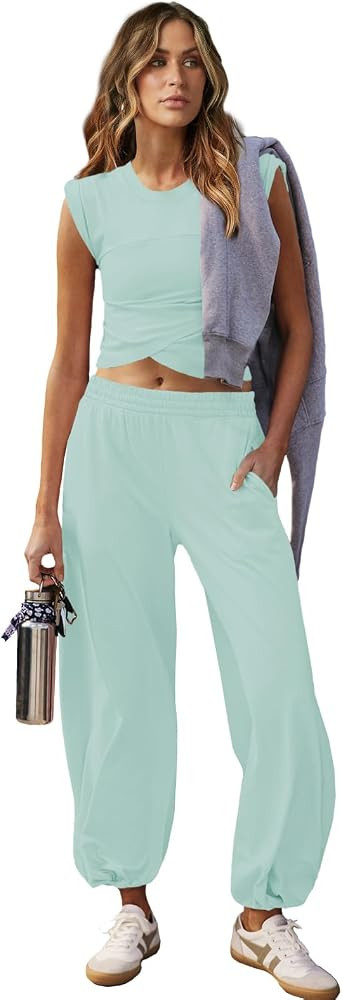 Outfeel Women 2 Piece Outfit Set Loungewear Cropped Tops and Jogger Sweatpant Matching Set Coordi... | Amazon (US)