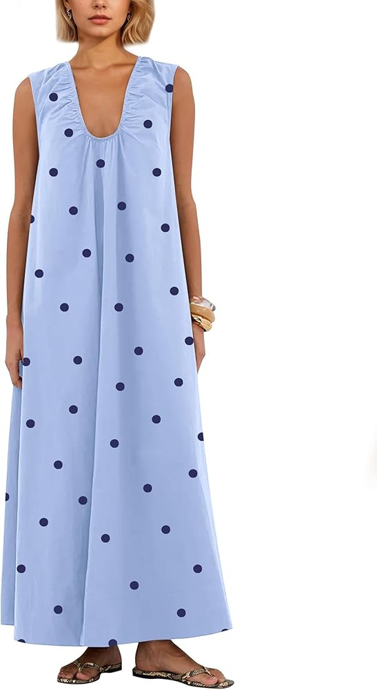 Women Sleeveless Ruched Maxi Dress Scoop Neck Long Elegant Dresses Wide Shoulder Strap Blouse Dre... | Amazon (US)