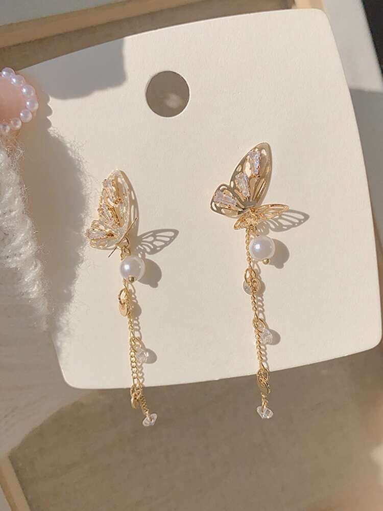 Faux Pearl & Rhinestone Decor Butterfly Drop Earrings | SHEIN