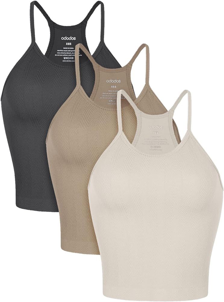 ODODOS Women's Crop 3-Pack Herringbone Knit Seamless Soft Camisole Crop Tank Tops | Amazon (US)