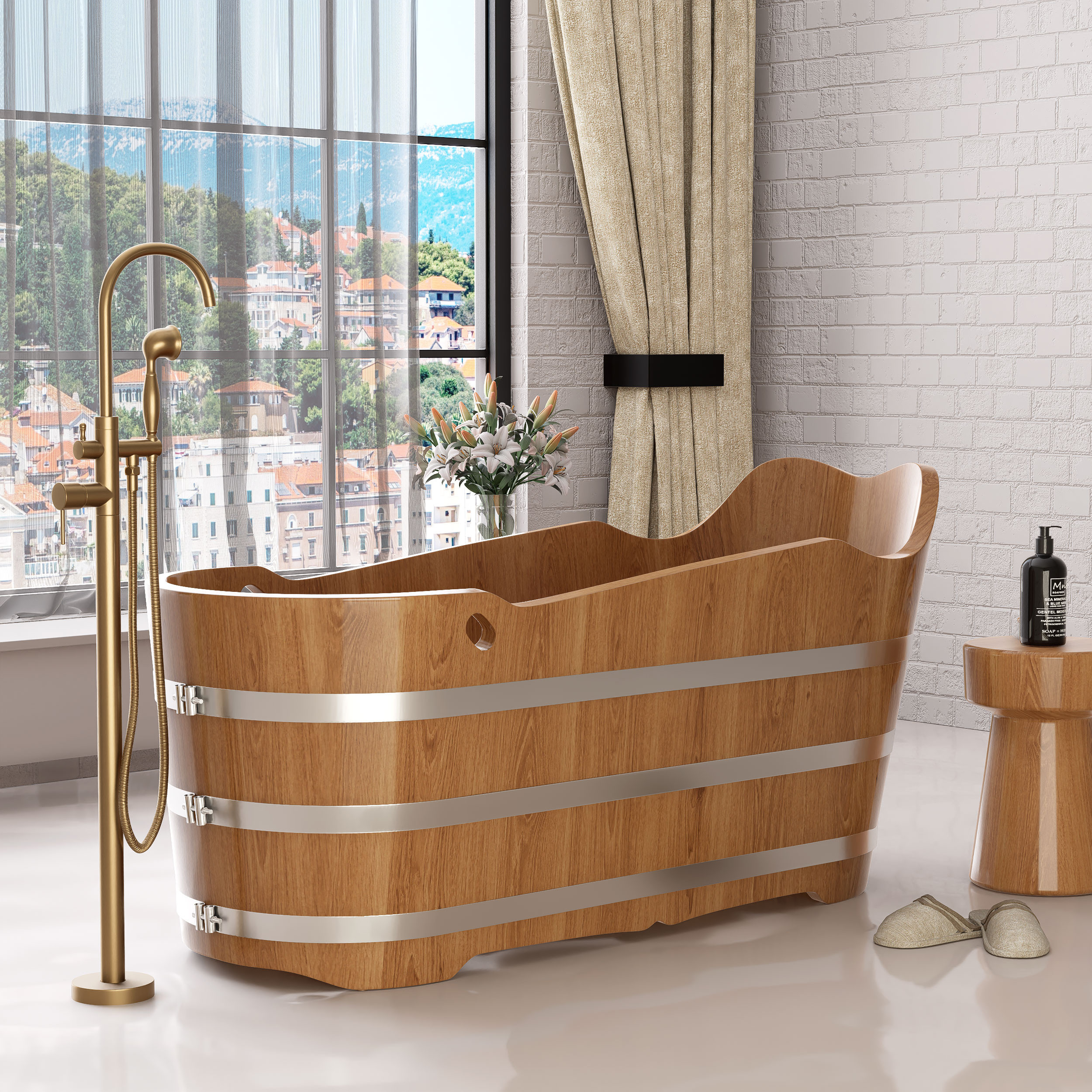 59" Japanese Oak Wood Soaking Bathtub Freestanding Modern Natural Bathtub | Homary