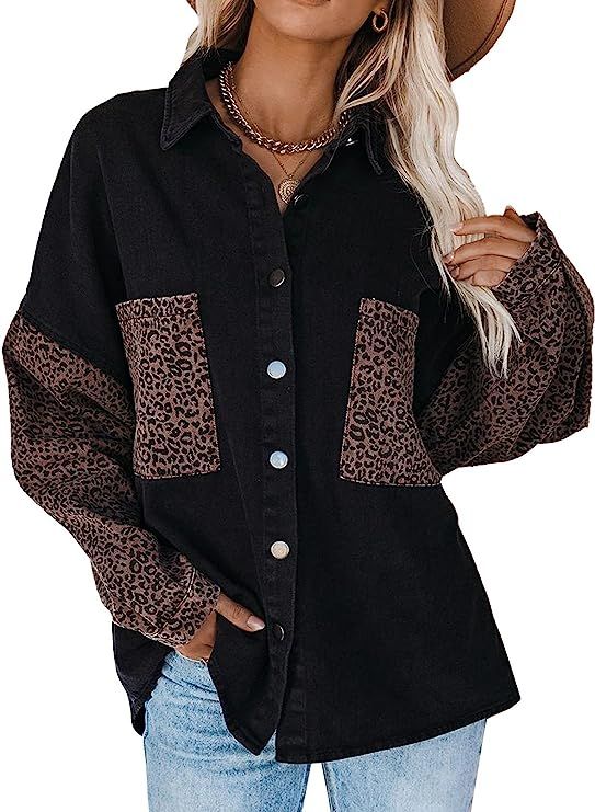 Astylish Womens Leopard Contrast Denim Jackets Oversize Long Sleeve Button Down Shirts Oversized ... | Amazon (US)
