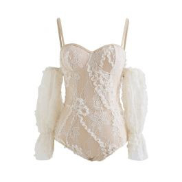 Floral Lace Sleeves Lace-Up Back Swimsuit | Chicwish