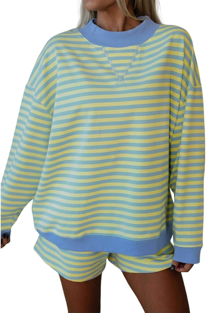 Ecosunny Womens Striped 2 Piece Set Oversized Sweatshirt Long Sleeve Mock Neck Tops with Shorts L... | Amazon (US)