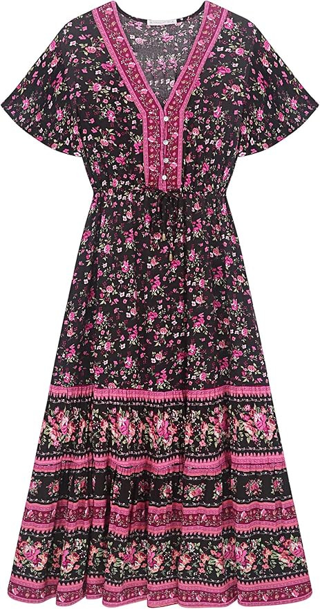 R.Vivimos Womens Summer Floral Print Cotton Short Sleeve Flowy Dress | Amazon (US)