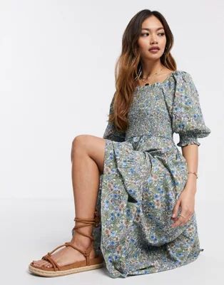 Mango shirred top volume sleeve midi in floral print | ASOS (Global)