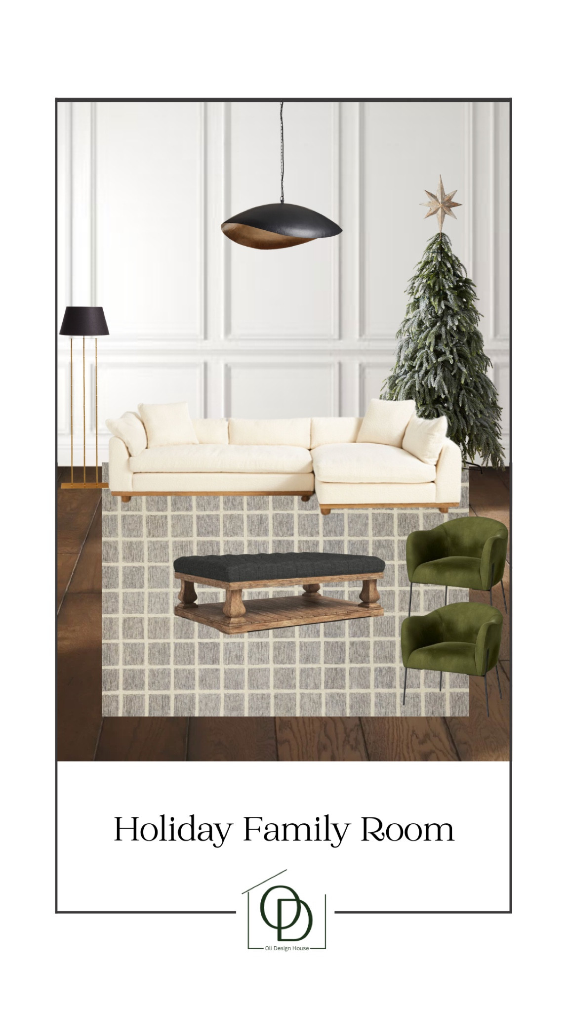 A subtle holiday family room, with a white chaise sofa, green velvet accent chairs, a geometric area rug from Chris Loves Julia x Loloi, a gold and black floor lamp and a gold and black large pendant. The coffee table is my favourite with its wood base and upholstered top. 

Every week in my stories on IG we do a “build a room” where I give a this prize that option for each piece of furniture in the room, then put together the popular choices into a mood board! Come check it out if you want to join in the fun! 

#LTKHoliday #LTKsalealert #LTKhome