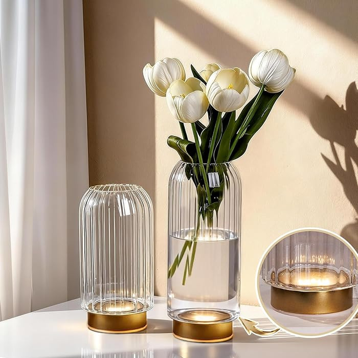 LED Flower Vase with Lights,Set of 2 Battery Operated Flower Vases with Timer Modern Hand Blown V... | Amazon (US)