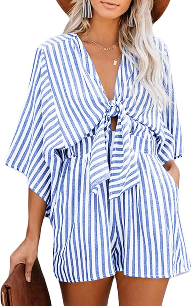 AlvaQ Rompers for Women Dressy Spring Summer Tie Knot Front Sexy V Neck Jumpsuits | Amazon (US)