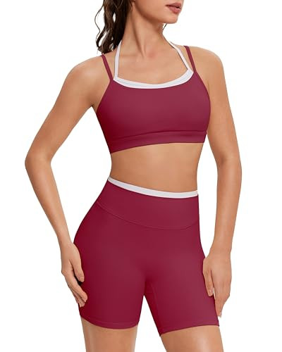 OMKAGI Workout Sets for Women Cute Doubel Layer Open Back Sports Bras Gym Shorts Outfits(L,531-Burgundy) | Amazon (US)