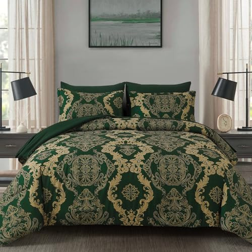 WONGS BEDDING Green Damask King Size Comforter Set, 7 Piece Texture Microfiber Comforter Bedding Set for All Season, Bed in a Bag with Comforter, Flat Sheet, Fitted Sheet, Pillowcases & Shams | Amazon (US)