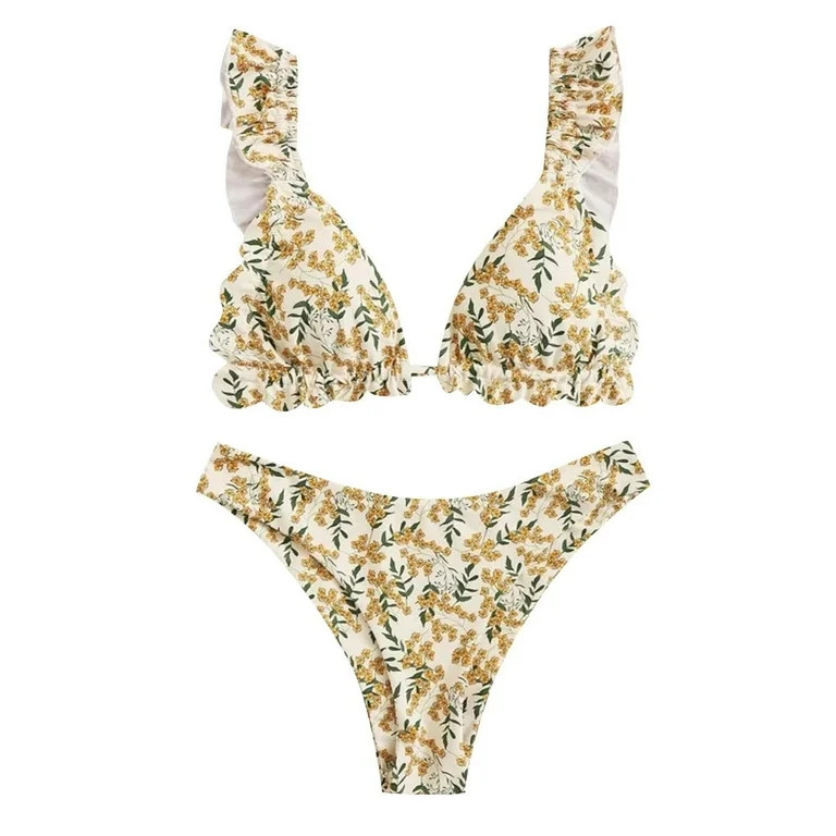 DOPI Women's Summer Sexy Floral Print Ruffle High Cut Bikini Set Two Piece Swimsuit | Walmart (US)