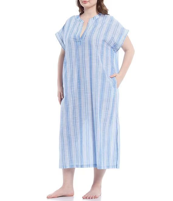 Plus Yarn-Dye Striped Short Sleeve Woven Long Caftan | Dillards