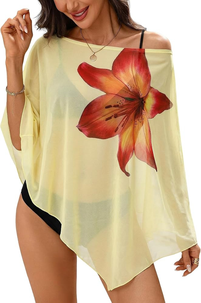 ZAFUL Women's Beach Mesh Cover Ups Floral Print Off the Shoulder Asymmetrical Poncho Tops Batwing... | Amazon (US)