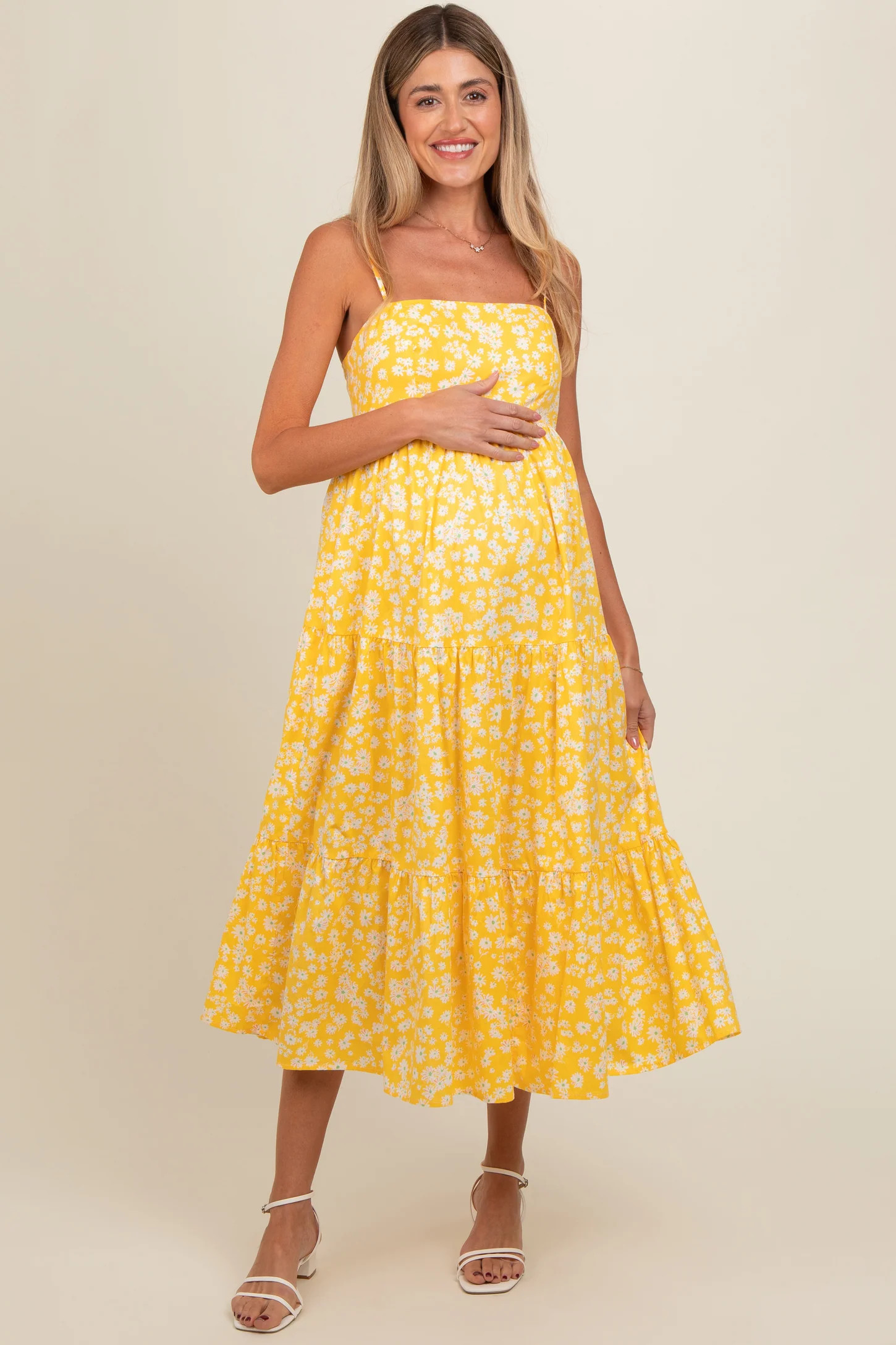 Yellow Floral Cutout Tie Back Maternity Midi Dress | PinkBlush Maternity
