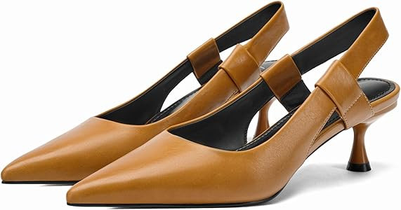 Pointed Toe Slingback Kitten Heels for Women, Leather Stiletto Heel Pumps with Elastic Strap Eleg... | Amazon (US)