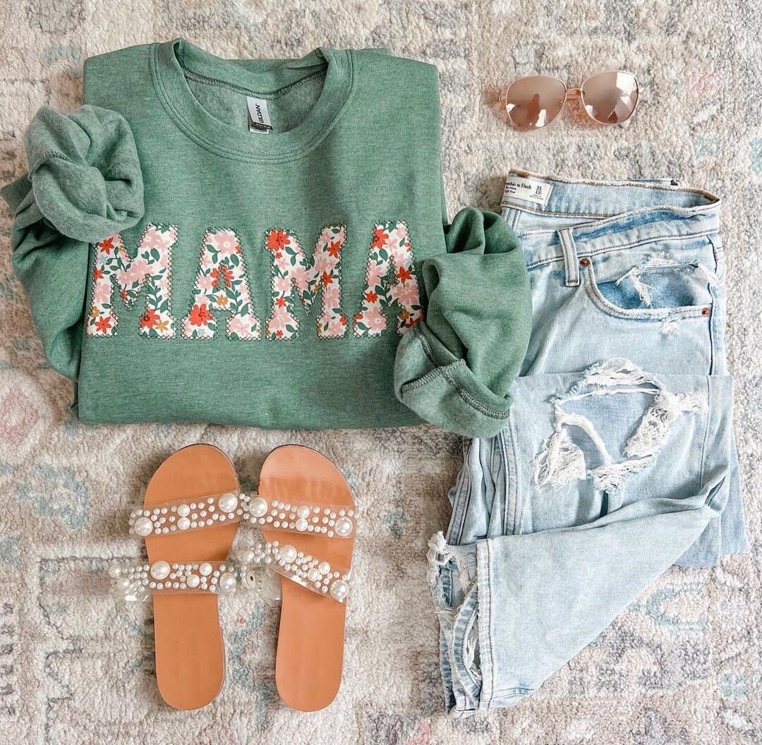 Mama Embroidered Floral Applique Sweatshirt  | Simple Mama Pullover, Gift for Mom, Green Sweatshi... | Etsy (US)